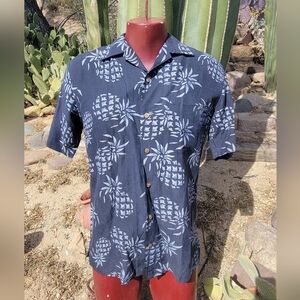 Navy Blue Silk Linen Hawaiian Shirt